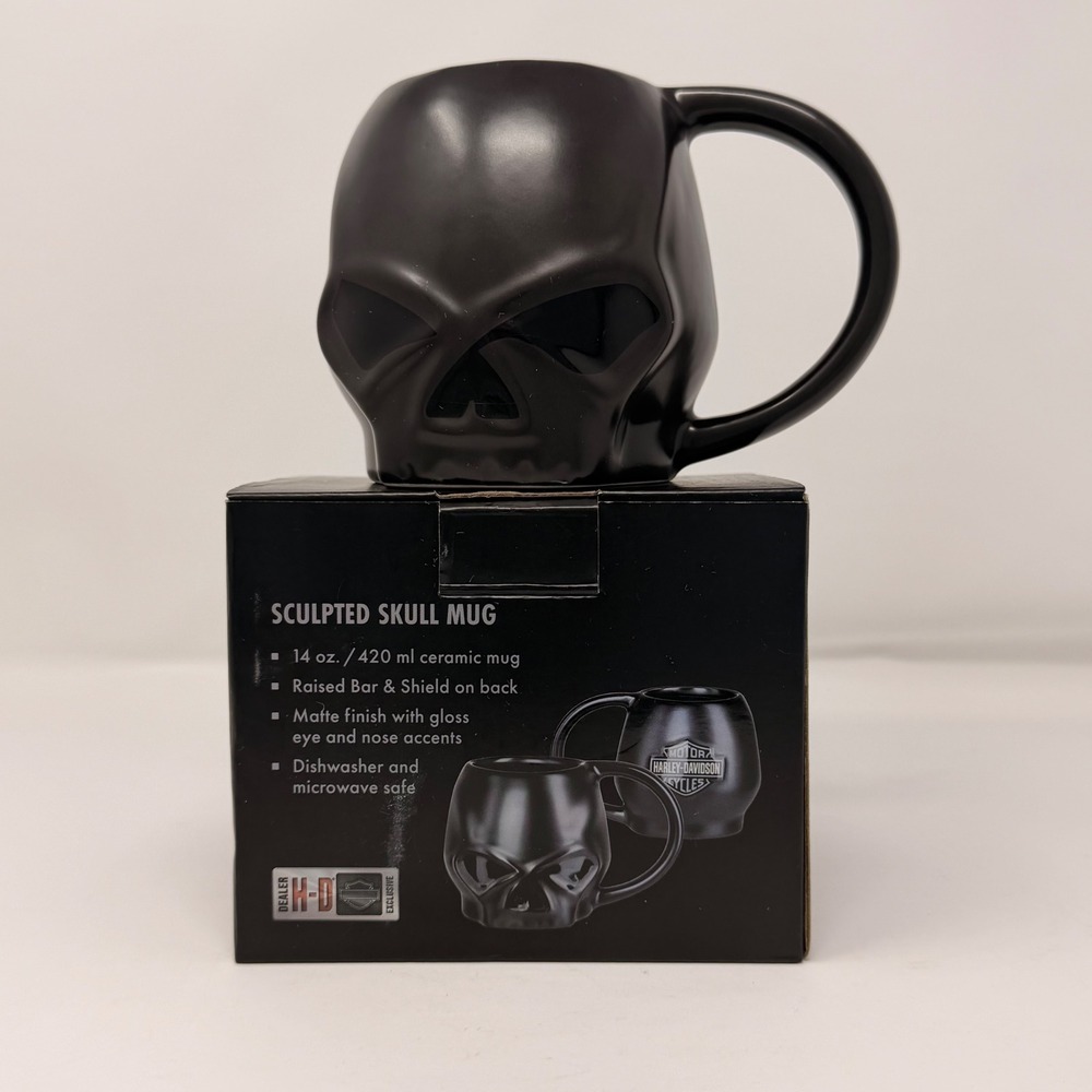 Harley-Davidson Matte Black Sculpted Skull Mug 14oz NIB Raised Bar & Shield - Picture 8 of 11